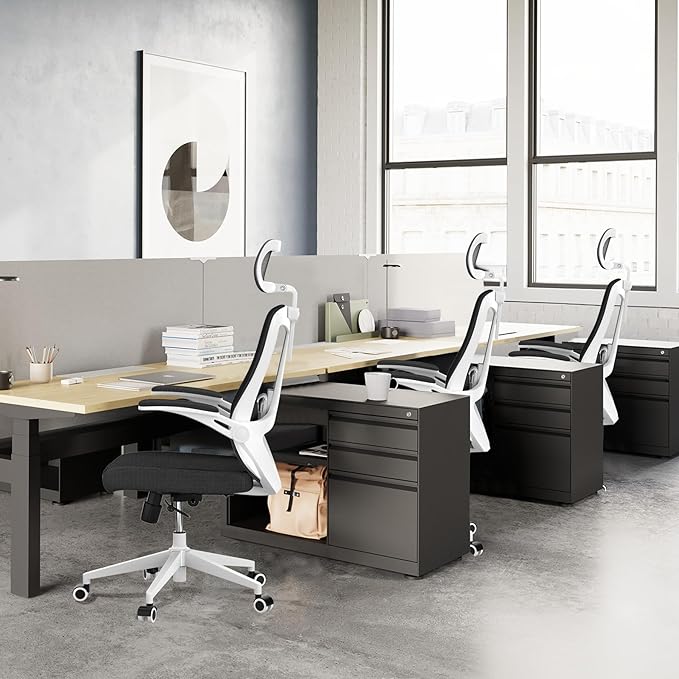 350 LBS Ergonomic Office Computer Mesh Chair - Adjustable Height Rolling Desk Chair with Flip-Up Armrests & High Back Support - Comfortable Swivel Task Chair for Home Office (03WHITE-Black)