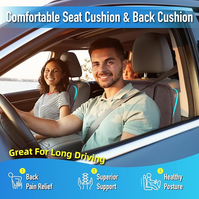 Lofty Aim Memory Foam Car Seat Cushion with Lumbar Support Pillow - 4D Mesh Ventilation for Back & Sciatica Pain Relief, Auto Pad Suitable for Car, Truck, SUV, Dark Grey