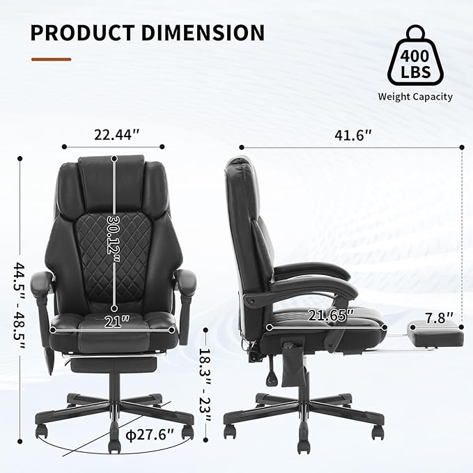 Massage Office Chair with Footrest, Heated Reclining Office Chair for Heavy People 400 lbs,High Back Executive Leather Home Desk Chair 6 Vibration Points,Ergonomic Managerial Chair, Black