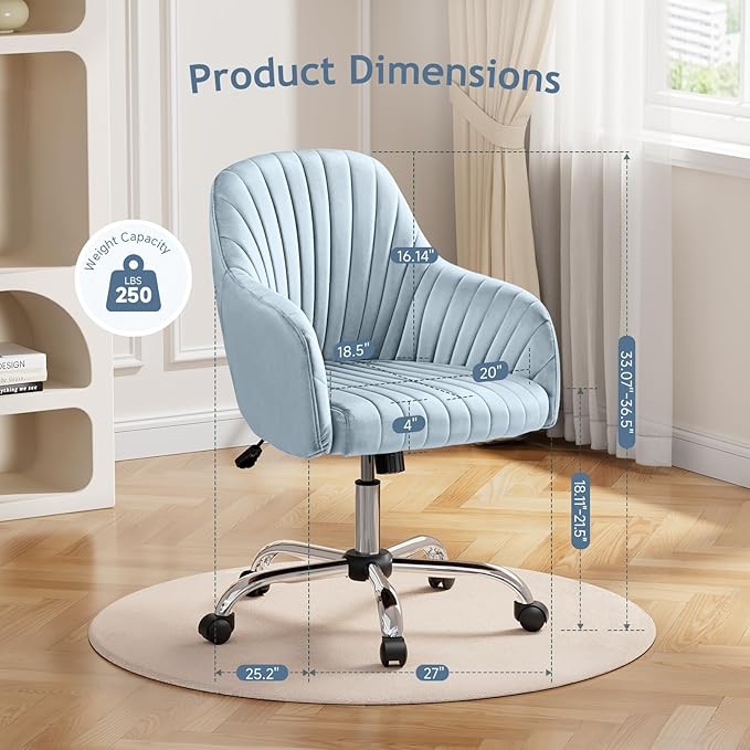Warmiehomy Velvet Desk Chair for Home Office, Girls' Vanity Chairs with Arm Rest, Office Chair with Wheels, Computer Chair for Room, Velvet Dusk Blue