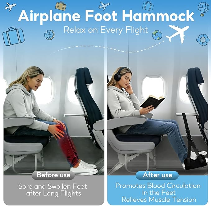 2-PACK Airplane Foot Hammock, Adjustable Plane Foot Rest for Long Flight, Plane Travel Essentials to Relax Your Feet, Foot Rest for Air Travel, Desk & Car (Large, Count, 2.0)