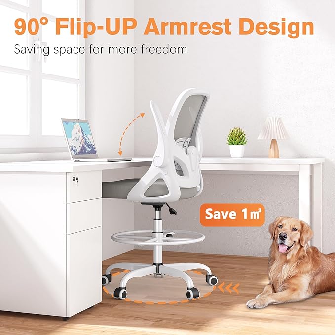 ORRSAKER Drafting Chair Tall Office Chair for Standing Desk, Breathable Mesh Ergonomic Computer Desk Chair with Flip-Up Armrests, Adjustable Lumbar Support and Footrest Ring,300 LBS，Gray