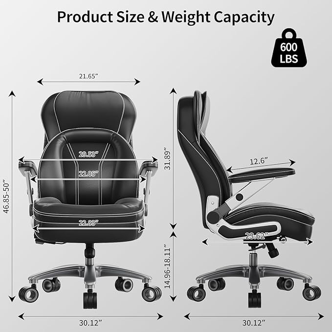 Big and Tall Office Chair, 600lbs Heavy Duty Desk Chair with 5D Arms, Adjustable Lumbar Support & Height, Tilt Function, PU Leather High Back Ergonomic Executive Computer Chair