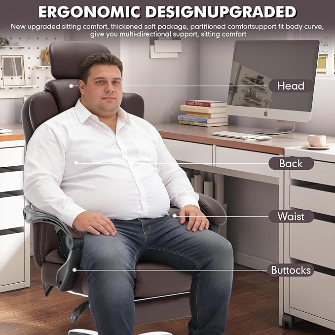 400lbs Reclining Office Chair with Footrest, PU Leather Big and Tall Heavy Duty Ergonomic Gaming Chair with Leg Rest, Brown