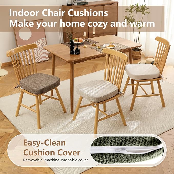 D-Shaped Chair Cushions for Dining Chairs, 2.5” Thick Chair Pads with Washable Comfortable Textured Cover, Non Slip Kitchen Chair Cushions with Ties, 16.5" x 16.5", 4 Pack, Green