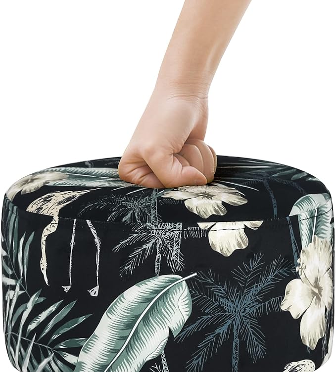 Homebeez Round Ottoman Stool Velvet Foot Rest, Small Footstool with Non-Skid Legs (Blue Flower)