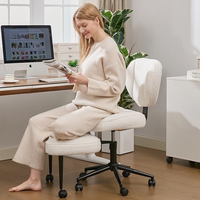 Criss Cross Office Chair with Wheels, Adjustable-Height Backrest & Swivel Footrest, Ergonomic Cross Legged Office Chair with Leg Rest for Kneeling Meditation Yoga ADHD (Beige Teddy Fleece)