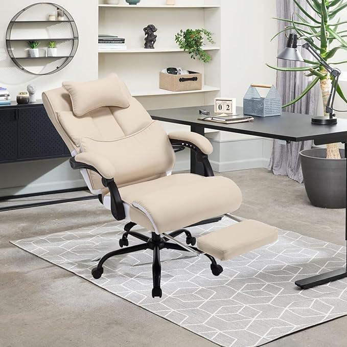 Fully Reclining Office Chair with Foot Rest, Ergonomic Executive Office Desk Chair with Lumbar Support and Headrest, 170° Reclining Recliner High Back Home Leather Computer Chair, Beige