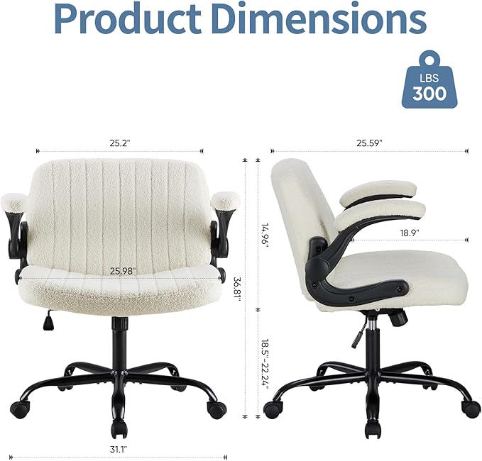 DUMOS Criss Cross Home Office Chair with Wheels, Wide Cross Legged Desk Vanity Chair Comfy Fabric Flip-Up Armrests Adjustable Swivel Chairs for Home Computer Bedroom, Beige