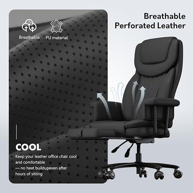 Executive Office Chair Big and Tall 500LBS, 165° Reclining Office Chair with Footrest, Leather Desk Chair with Quiet Rubber Wheels, Height Adjustable, Padded Arms, Black