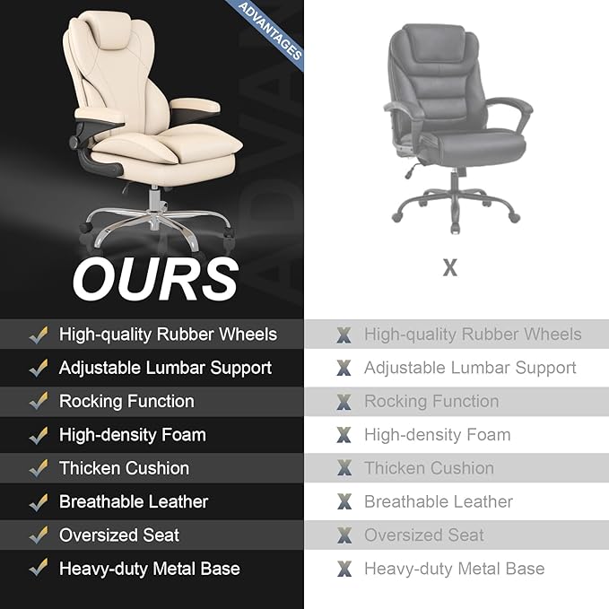 Office Chair, Home Desk Chair, Ergonomic Computer Chair with Lumbar Support, Executive Leather Chair with Flip-Up Armrests, Big and Tall Swivel Rolling Chair, Beige