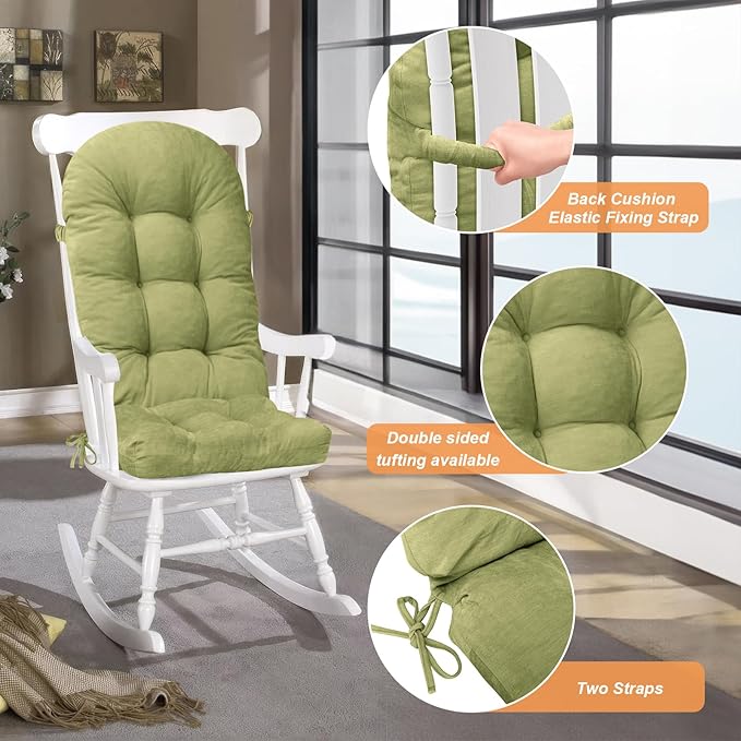 Rocking Chair Cushion - Chenille Fabric, High-Density Sponge, Durable Comfort Double-Sided Tufted Seat Pads with Ties, Chenille︱Avocado Green, 44x19x4 inch