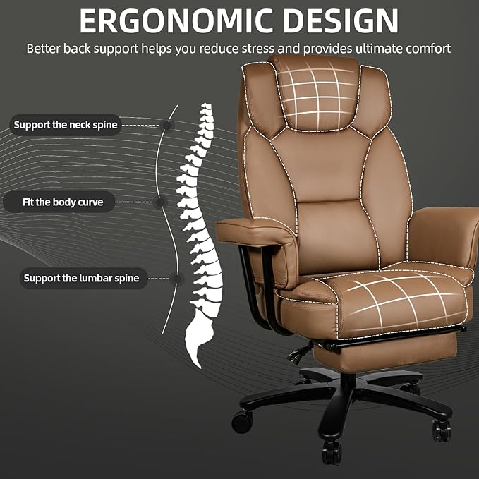 Reclining Office Chair with Footrest, Big and Tall High Back Home Office Desk Chairs 400lbs with Criss Cross Wide Seat, Heavy Duty Base, Pu Leather, Brown