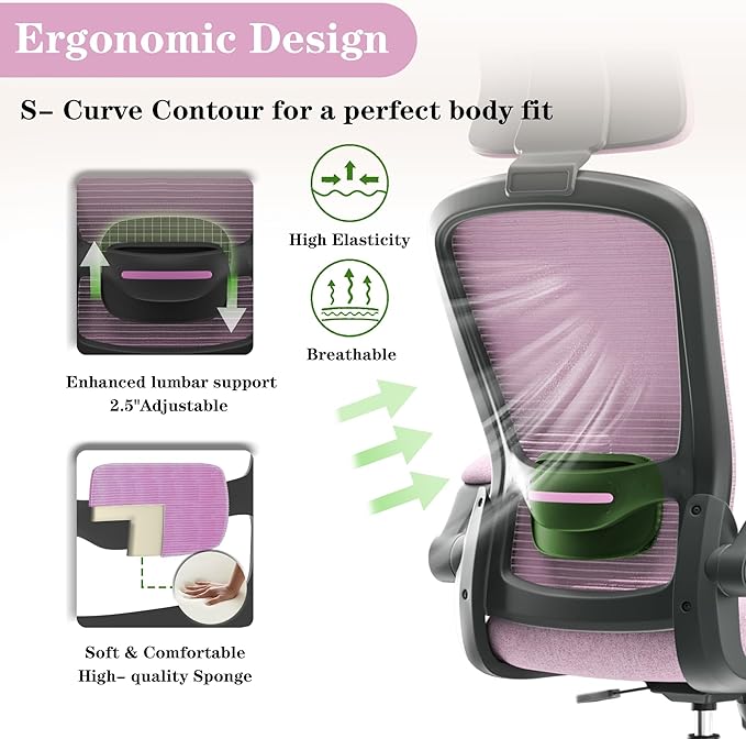 Ergonomic Office Chair for Long Hours Sitting – Back & Neck Pain Relief, Adjustable Lumbar Support & Headrest, High-Density Foam Seat, Ideal for Work & Home Office, Light Purple