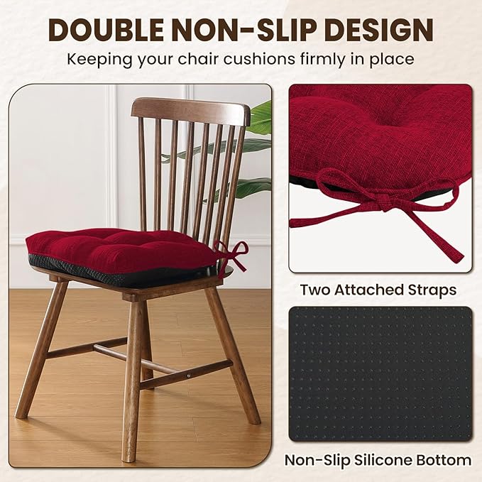 downluxe Indoor Chair Cushions for Dining Chairs, Tufted Overstuffed Textured Kitchen Chair Pads with Ties and Non-Slip Backing, 15.5" x 15.5" x 4", Red, 6 Pack