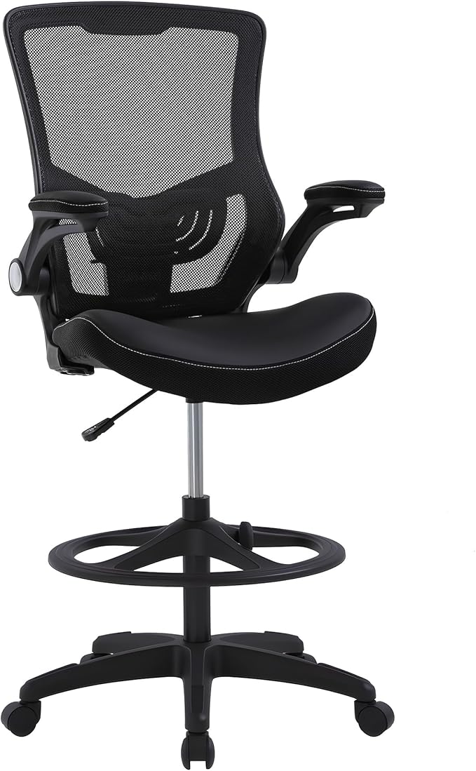 BestOffice Drafting Chair Ergonomic Tall Office Chair Standing Desk Chair with Flip Up Arms Foot Rest Back Support Adjustable Height Mesh Drafting Stool, Dark Black