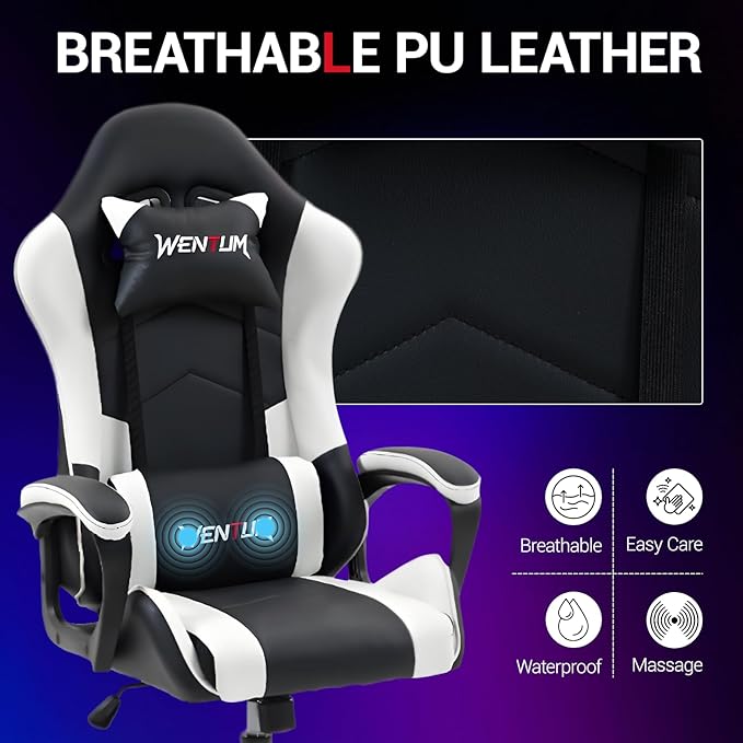 Gaming Chair PU Leather Massage PC Video Game Chair with Lumbar Support for Men Women, Home Office, Height Adjustable, Ergonomic, High Back, White