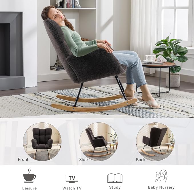 FOXHUNTER Rocking Chair Nursery Teddy Upholstered Glider Rocker High Backrest Nursery Rocker Comfortable Stylish Accent Armchair for Living Rooms Bedrooms Offices (Teddy Dark Gray)