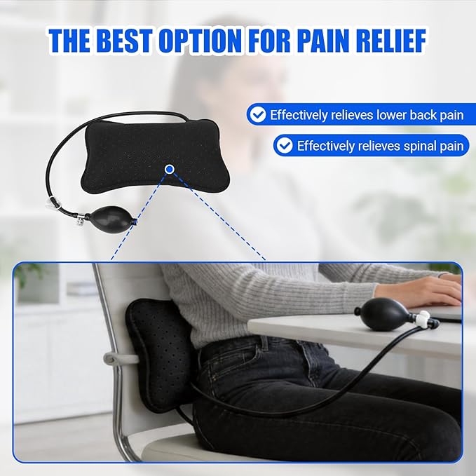 Inflatable Lumbar Pillow, Lumbar Support Pillow Adjustable Lower Back Cushion for Car Office Chair Airplane Travel Black