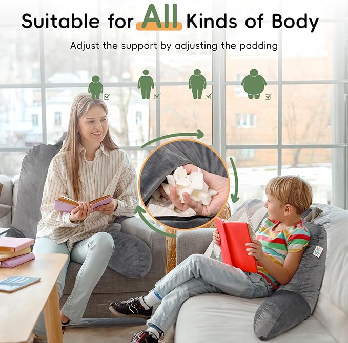 ROKDUK Back Support Pillow for Bed Sitting Up, Shredded Memory Foam Backrest Pillows with Arms Arm Rest Pillow for Reading in Bed Adults