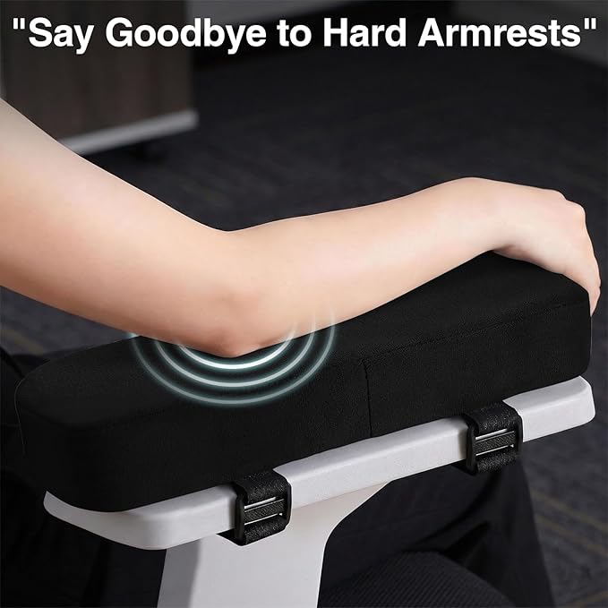 Smiry Ergonomic Office Chair Armrest Pads, Memory Foam Arm Rest Covers, Non-Slip Armrest Cushion with Adjustable Buckles and Straps, Elbow Relief for Desk, Gaming & Wheelchair (Black, Set of 2)