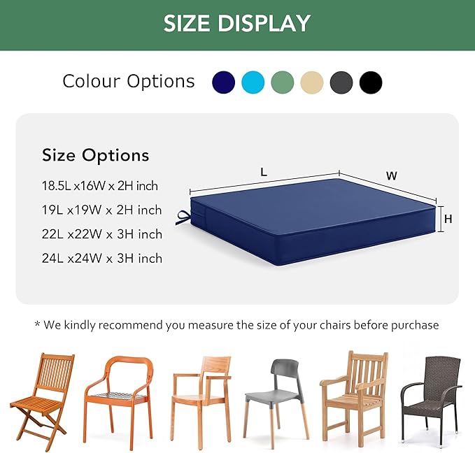 Summsun Outdoor Chair Cushions Set of 4: Waterproof & Fade Resistant Seat Cushion for Patio Furniture - 19 x 19 x 2 Inch Chair Pads with Ties and Hidden Zipper - Patio Chair Cushion Replacement, Navy
