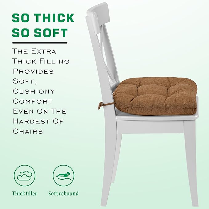 SQUARE MOON Chair Cushions for Dining Chairs, 3 Inch Thick Comfortable Kitchen Chair Pads, Dining Room Seat Cushions with Ties, Machine Washable, 17" x 16" x 3", 4/Pack, Coffee