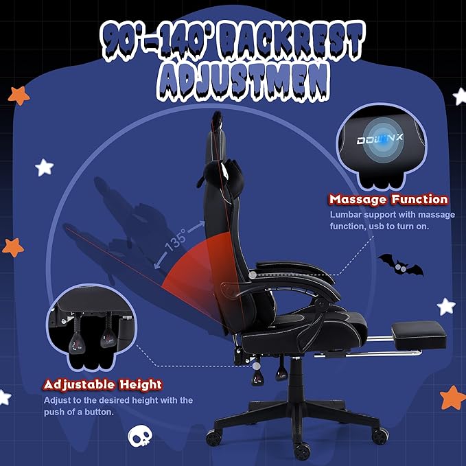 Dowinx Gaming Chair Cute with Cat Ears and Massage Lumbar Support, Ergonomic Computer Chair for Girl with Footrest and Headrest, Comfortable Reclining Game Chair 290lbs for Adult, Teen, White