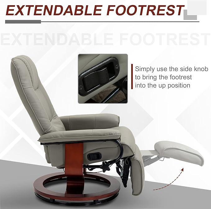 HOMCOM Swivel Recliner Chair, PU Leather Reclining Armchair with Retractable Footrest, Lounge Chair with Wood Base and Adjustable High Back for Small Spaces, Living Room, RV, Bedroom, Gray