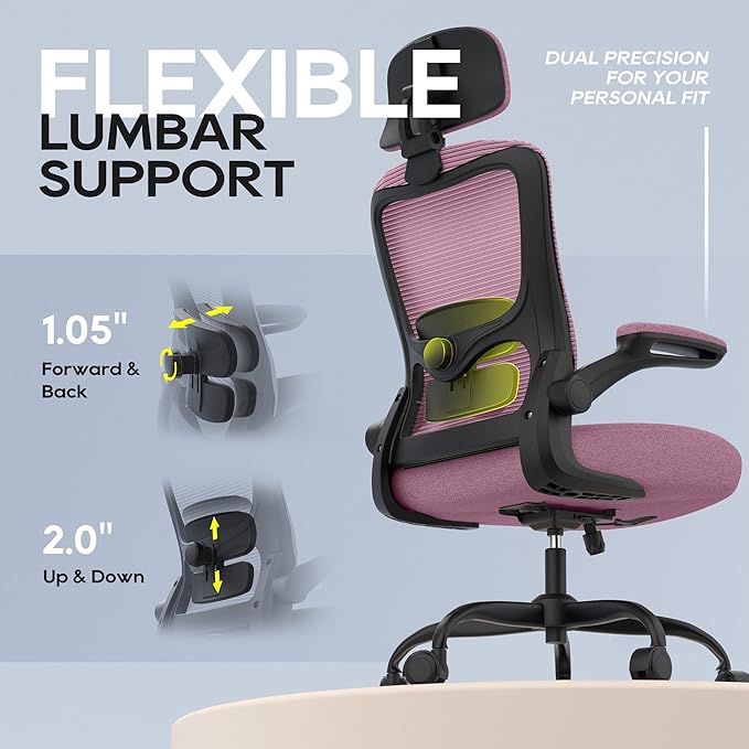 Office Chair, Ergonomic Mesh Desk Chair with Adjustable Lumbar Support and Headrest, Flip-up Armrests, High Back Computer Task Chair for Home and Executive Office (B-LPurple)