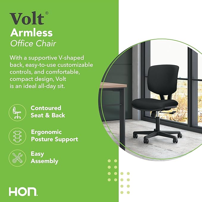 HON Volt Ergonomic Office Chair with Fabric Seat and Back, Armless Desk and Computer Chair with Adjustable Center‑Tilt Recline and Wheels for Home Office or Workstation, Black