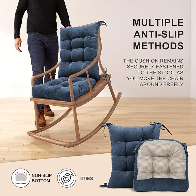 Lokex Rocking Chair Cushion Only,Tufted Non-Slip Comfortable Rocking Chair Cushions Indoor with Ties,Striped Rocking Chair Pads (Indigo blue-S2064-16, 21x17/17x17)
