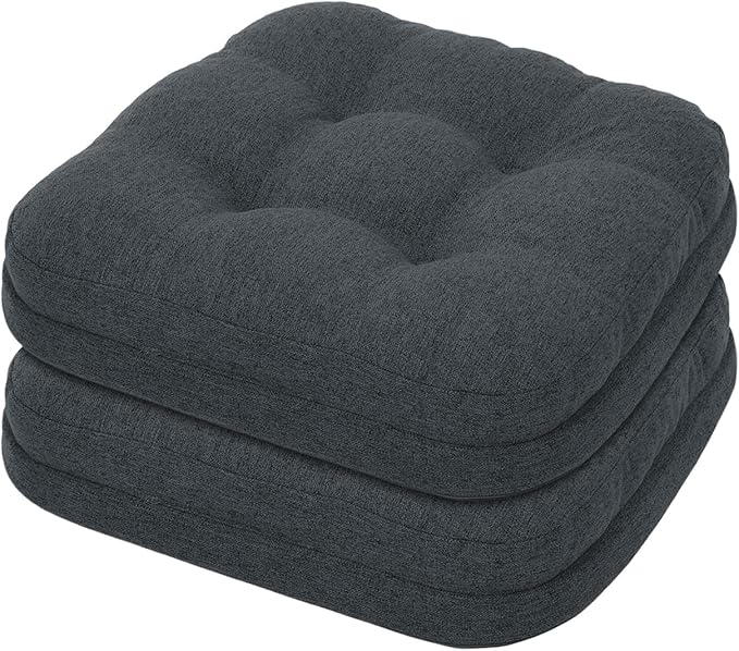baibu Set of 2 Dining Chair Cushions, Dual-Layer Patent Design Memory Foam Kitchen Chair Cushions, Non-Slip Seat Pads with Ties, 16.5 x 16.5 x 3.5in, 2 Pack, Charcoal Grey