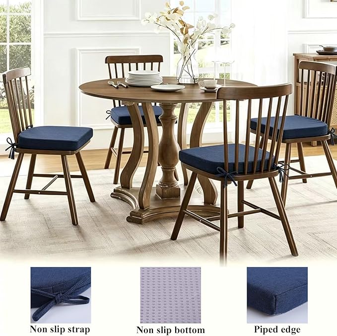 18x18 Inch Chair Pads for Dining Chairs 2 Pack with Ties Non Slip Washable Seat Cushion with Zipper Indoor Round Back Chair Cushions for Kitchen, Navy Blue
