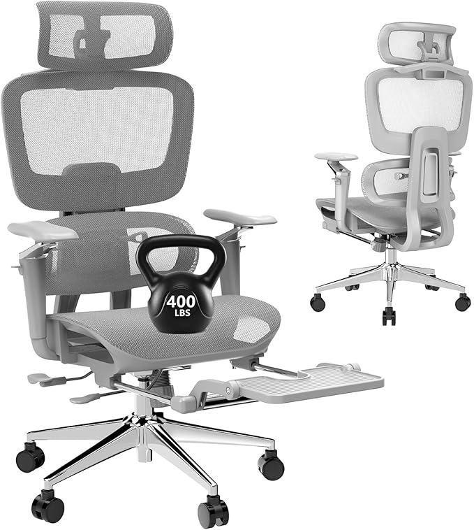 Ergonomic Office Chair with Footrest,High Back Mesh Desk Chair,Lumbar Support & 90-135°Recline,3D Headrest & 6D Armrests,Swivel Computer Chair for Home Office, Work & Gaming 1Pack