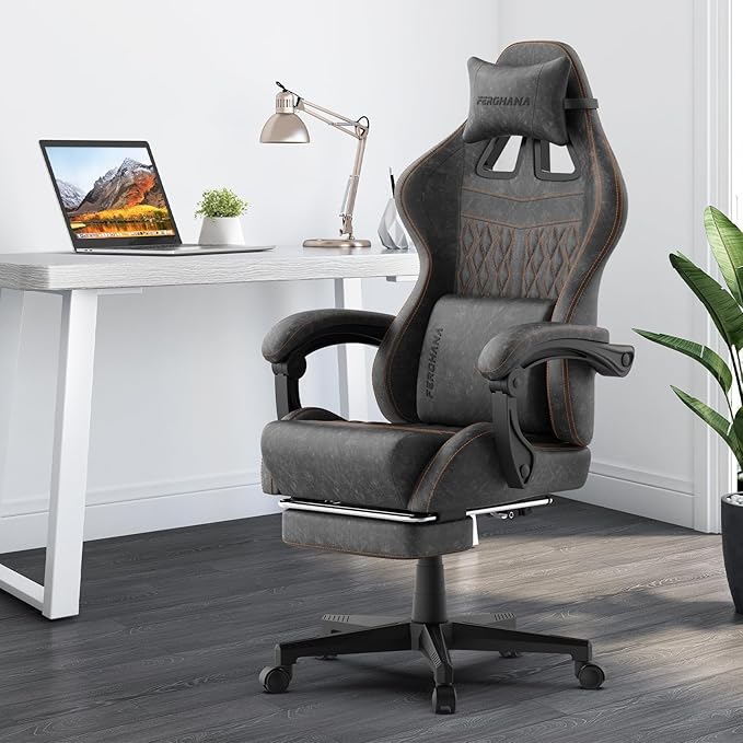 Ferghana Vintage PU Leather Gaming Chair, Ergonomic Gamer Chair with Massage, High Back Computer Office Chair with Footrest for Adults, Racing Style Reclining Video Game Chair (Grey)