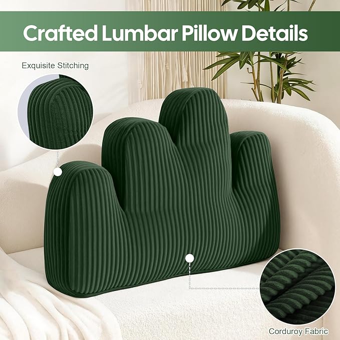 Lumbar Support Pillow for Recliner, Back Support Pillow for Office Chair, Ergonomic Corduroy Cloud pillow with Shredded Foam , Lower Back Pain Relief for Gaming Chair, Couch, Green
