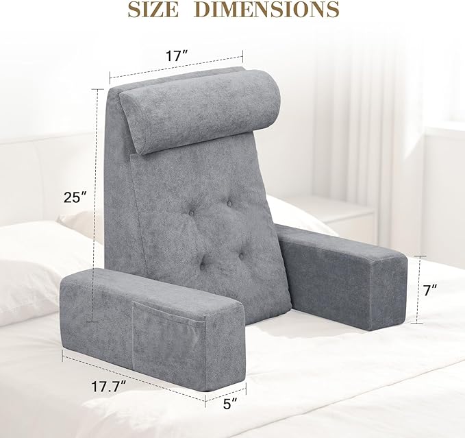 Bed Pillow for Sitting Up in Bed, 25” Ergonomic Reading Pillow with Adjustable Headrest & Arms, Dual Layer Memory Foam Back Pillow, Soft Plush Cover, Back Rest for Reading, TV, Gaming Dark Grey