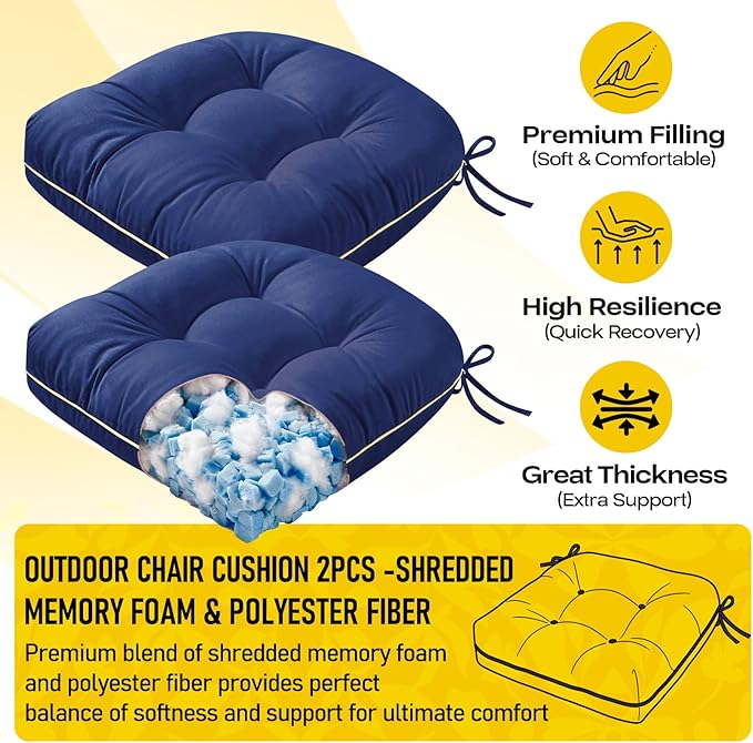 1 MIDDLE ONE Outdoor Chair Cushions Set of 2, Outdoor Cushions for Patio Furniture and Wicker Chair, Memory Foam Patio Seat Cushion Pads with Ties, 19 x 19 Inch (Blue)