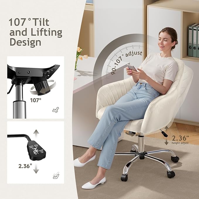 Warmiehomy Velvet Desk Chair for Home Office, Modern Adjustable Swivel Task Chair, Women Vanity Chairs with Arm Rest for Bedroom Dressing Room, Cozy Beige