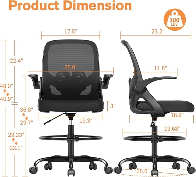 ORRSAKER Drafting Chair Tall Office Chair for Standing Desk, Breathable Mesh Ergonomic Computer Desk Chair with Flip-Up Armrests, Adjustable Lumbar Support and Footrest Ring,300 LBS，Black