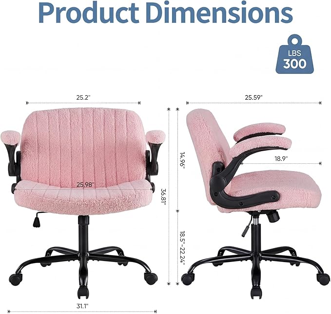 DUMOS Criss Cross Home Office Chair with Wheels, Wide Cross Legged Desk Vanity Chair Comfy Fabric Flip-Up Armrests Adjustable Swivel Chairs for Home Computer Bedroom, Teddy Pink