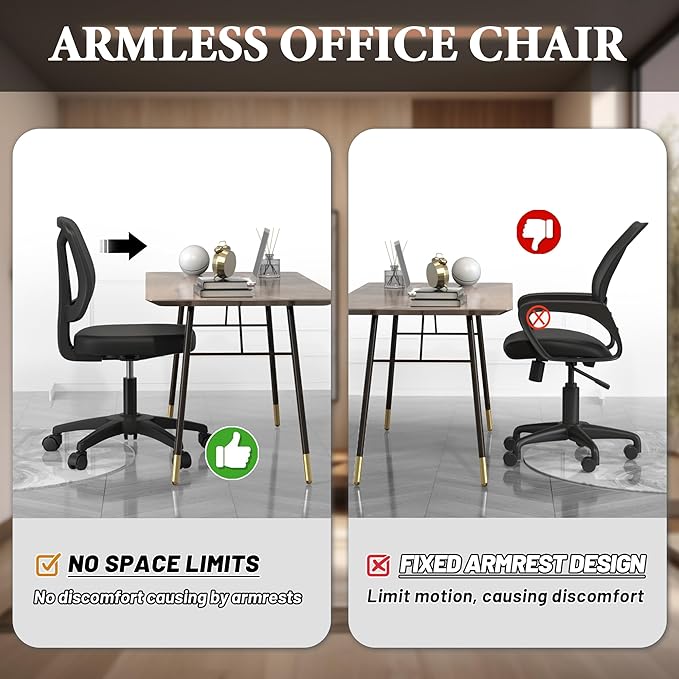 Armless Swivel Small Task Desk Office Chair Without Arms Height Adjustable with Rolling Wheels for Small Spaces Adult and Child