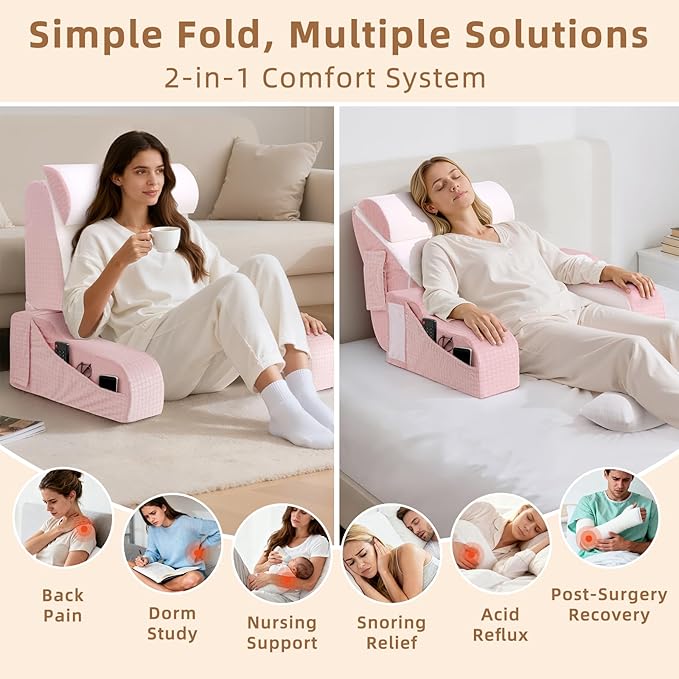 5PCS Reading Pillow for Sitting in Bed Adult, 2 in 1 Foldable Back Wedge Pillow for Sleep, Ergonomic Back Support Pillow with Arms for Watching TV, Gaming, Working, Recovery, 19” Pink