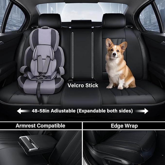 Coverado Car Seat Covers Full Set, 5 Piece Car Seat Protector with Lumbar Support & Removable Headrest, Breathable Leather Front Rear Seat Cushion Universal Fit for Truck Automotive Black