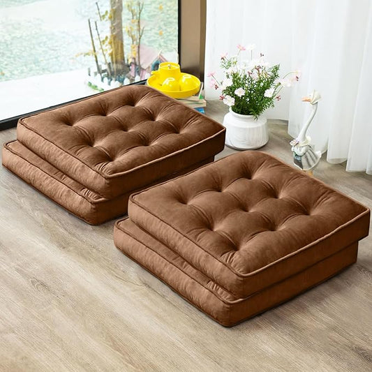 1 MIDDLE ONE Floor Pillow Set of 4, Memory Foam Meditation Cushion, Floor Cushions for Adults Sitting, Large Square Seat Cushions for Yoga, Living Room, 20x20 Inch (Brown)