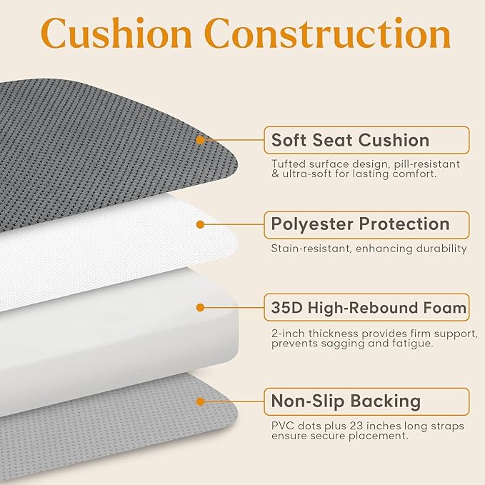 2 Pack Dark Grey Chair Cushions with Ties Removable Covers, D-Shape Dining Kitchen Chair Seat Pads Non Slip 17"x16"