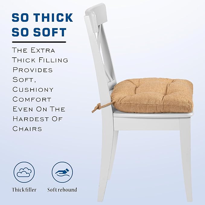 SQUARE MOON D-Shaped 3" Thick Chair Cushions, Chair Pads for Dining Chairs and Kitchen Chairs, Indoor Dining Room Seat Cushions with Ties, Machine Washable, 17" x 16" x 3", 4/Pack, Coffee
