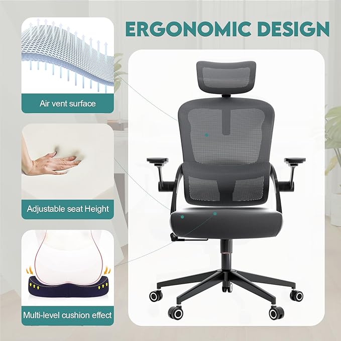 350 LBS Ergonomic Office Computer Mesh Chair - Adjustable Height Rolling Desk Chair with Flip-Up Armrests & High Back Support - Comfortable Swivel Task Chair for Home Office (01GREY)
