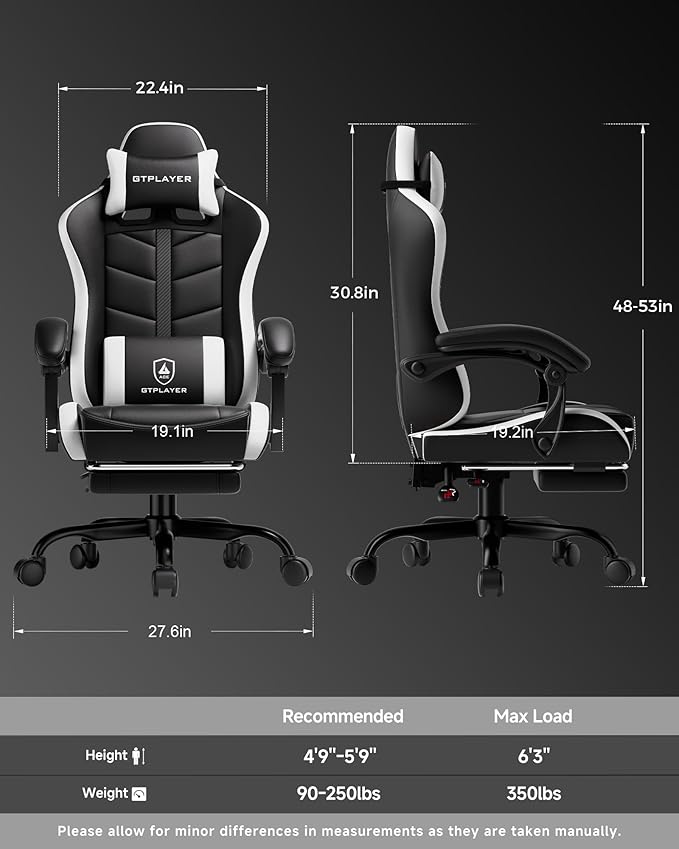 GTPLAYER Gaming Chair, Computer Gaming Chairs for Adults with Footrest, Height Adjustable PC Game Chair with 90-155° Recline & Removable Headrest Lumbar Support, Black-White